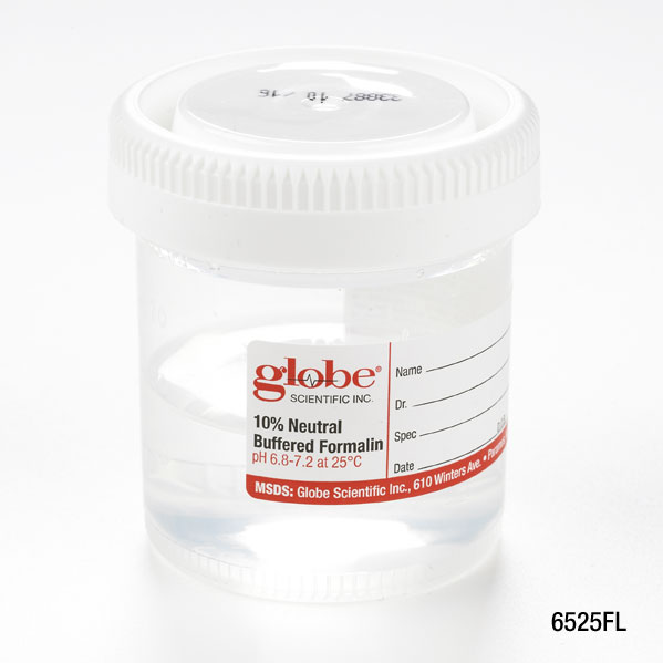 Globe Scientific Pre-Filled Container with Click Close Lid: Tite-Rite, 90mL (3oz), Wide Mouth, PP, Filled with 45mL of 10% Neutral Buffered Formalin, Attached Hazard Label, 24/Box, 4 Boxes/Unit Formalin; Containers; Formalin Containers; Histology; tissue